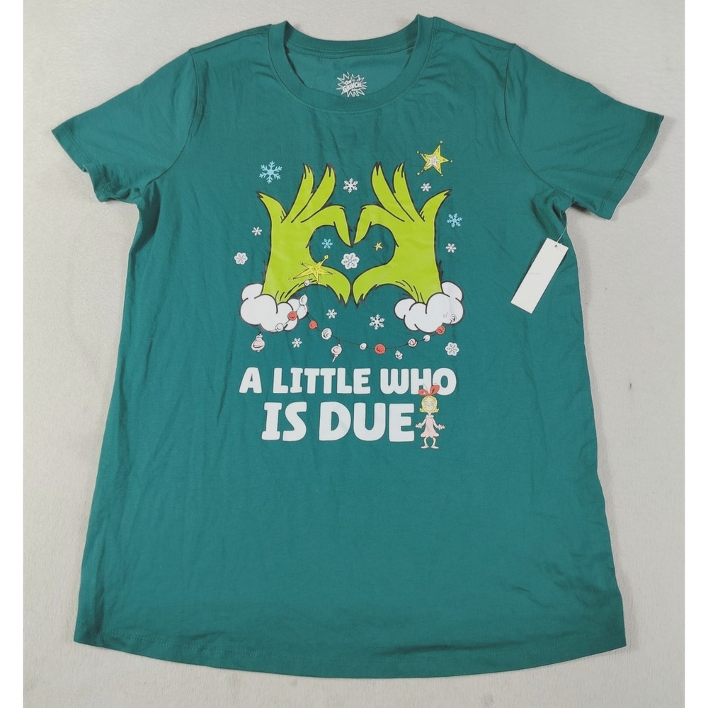 The Grinch Shirt Womens XL Green Maternity A Little Who Is Due Christmas Tee